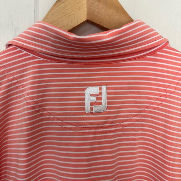 Footjoy FJ Performance Polo Shirt Mens L Melon Pink White Striped Stretch Golf - Picture 5 of 6